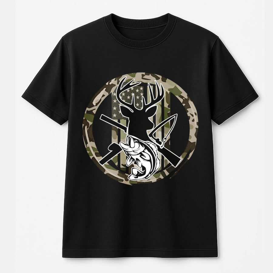 Outdoorsman T-Shirt | Deer Hunting and Bass Fishing Graphic | 100% Cotton Premium Tee | Gift for Hunters and Fishermen