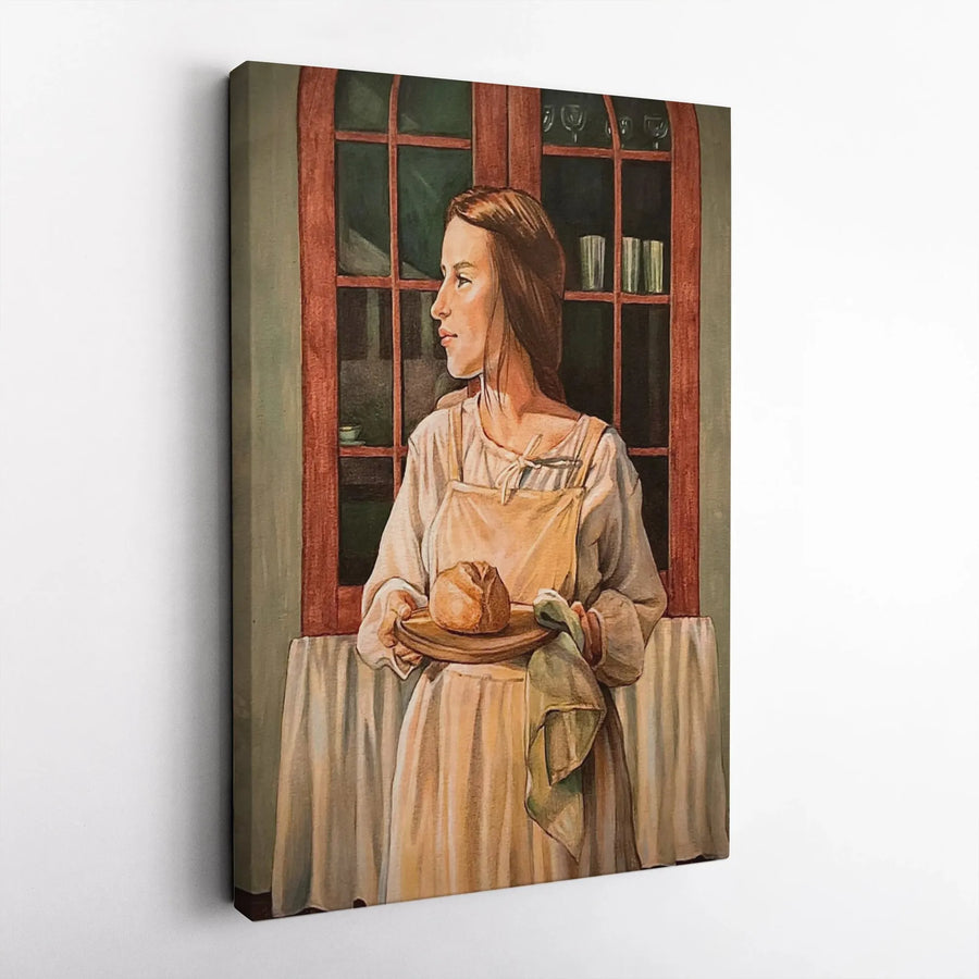 Farmhouse Kitchen Wall Art | Vintage Painting of Woman Baking Bread | Premium Canvas Print | Gift for Baker & Rustic Cottagecore Home Decor
