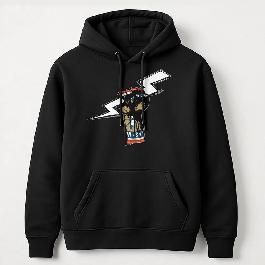 Lineman Hoodie | American Worker Power Fist Lightning Bolt Graphic | Premium Cotton Blend | Gift For Utility Electrician Technician