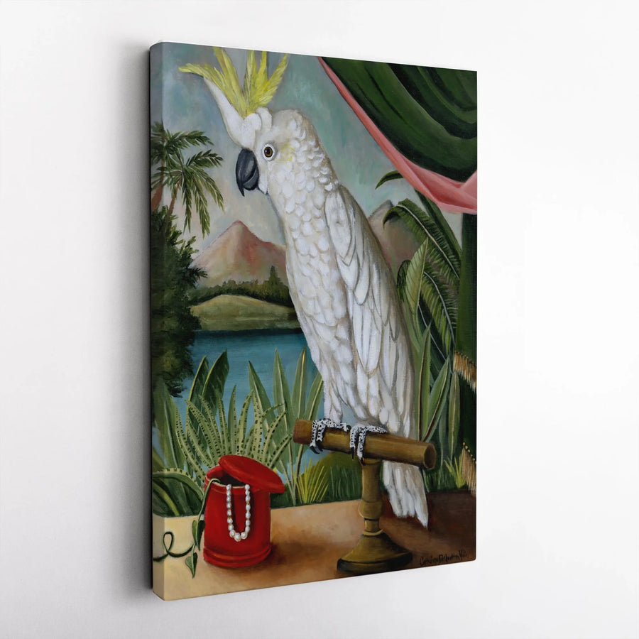 Cockatoo Parrot Vertical Canvas | Vintage Tropical Bird Painting | Premium Gallery Wrapped Canvas | Exotic Wall Art Gift for Bird Lovers