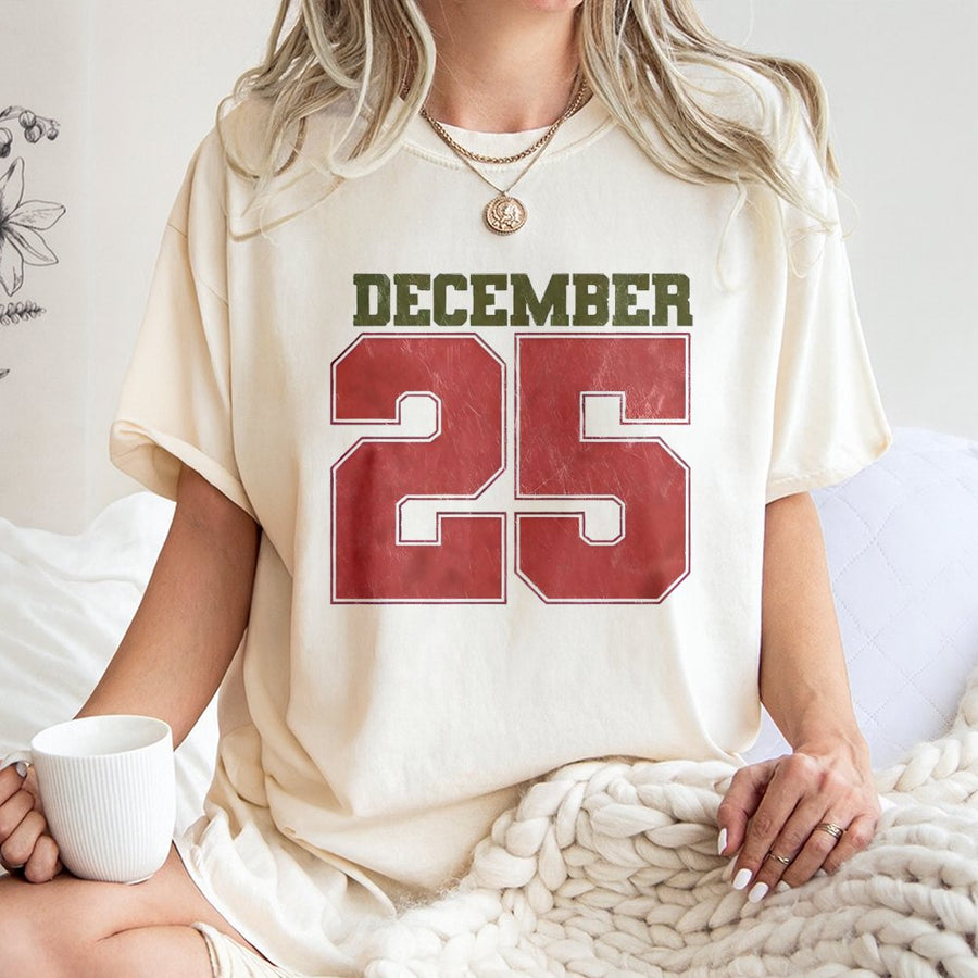 December 25 Christmas T-Shirt | Vintage Distressed Number Graphic | 100% Cotton Premium Tee | Festive Holiday Gift for Men and Women
