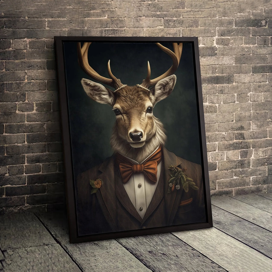 Dapper Deer Canvas Wall Art | Anthropomorphic Stag in Suit Portrait | Premium Gallery-Wrapped Print | Whimsical Office or Home Decor Gift
