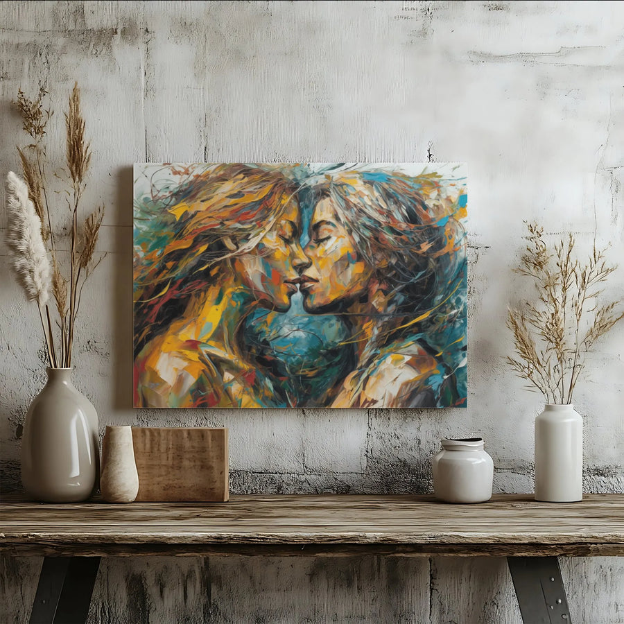 Abstract Lesbian Couple Kissing Canvas Art | Romantic LGBTQ+ Fine Art Print | Premium 1.25" Gallery Wrap | Modern Home Decor Wedding Gift