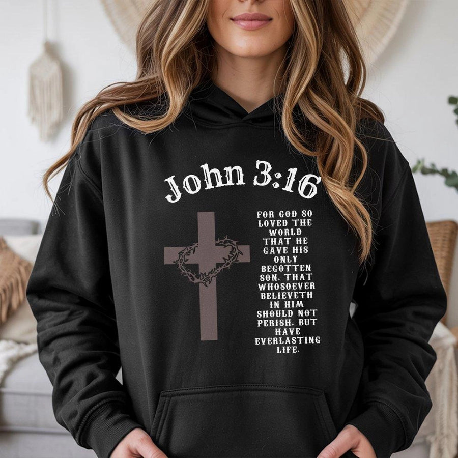 John 3:16 Christian Hoodie | Scripture Bible Verse Graphic Print | Premium Cotton Blend Comfort | Faith-Based Religious Gift for Men and Women