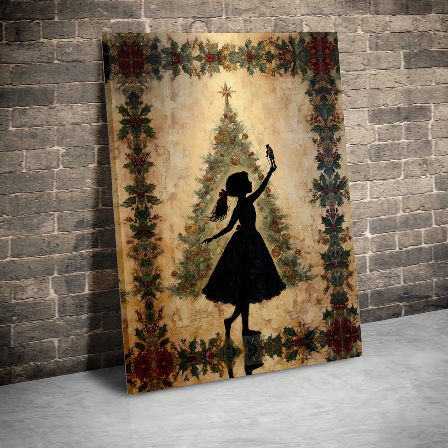 Nutcracker Christmas Wall Art | Vintage Girl Silhouette with Tree | Premium Gallery Wrapped Canvas | Holiday Home Decor Gift