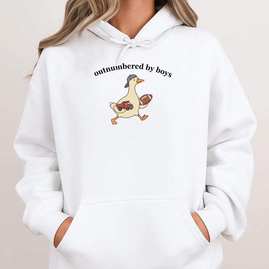 Outnumbered By Boys Hoodie | Funny Goose Mom Life Graphic | Soft Cotton Blend Crewneck | Humorous Gift for Mom of Boys