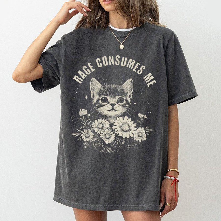 Rage Consumes Me Cat T-Shirt | Funny Floral Kitten Meme Graphic | 100% Cotton Premium Tee | Unique Gift for Cat Lovers & Sarcastic Humor Fans