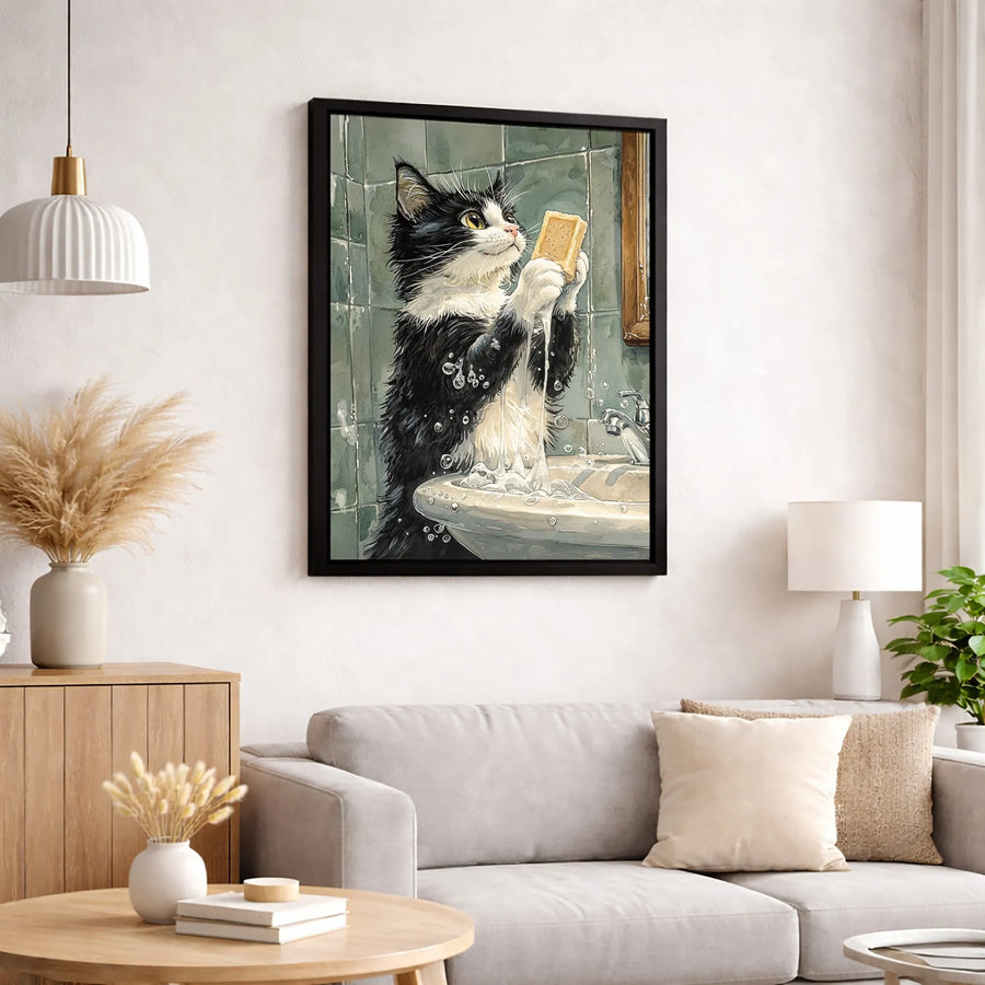 Tuxedo Cat Wall Art | Funny Bathroom Sink Canvas Print | Premium Gallery Wrapped Decor | Whimsical Animal Lover Gift for Bathroom