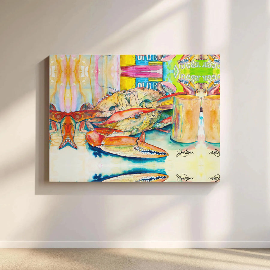 Abstract Crab Watercolor Canvas Print | Coastal Kitchen Wall Art | 1.25” Thick Gallery Wrap | Unique Seafood Lover Gift Decor