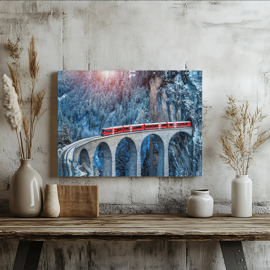 Swiss Alps Train Canvas Wall Art | Red Train Landwasser Viaduct Scenic Print | 1.25" Gallery Wrap Premium Decor | Mountain Landscape Gift for Travel Lovers
