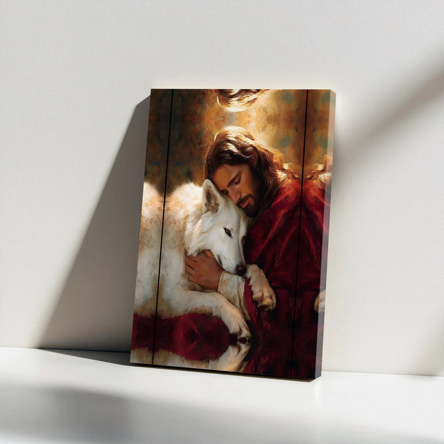 Jesus and Wolf Canvas Wall Art | Spiritual Painting Print with Divine Embrace | Premium Christian Art | Faith Based Home Decor Gift