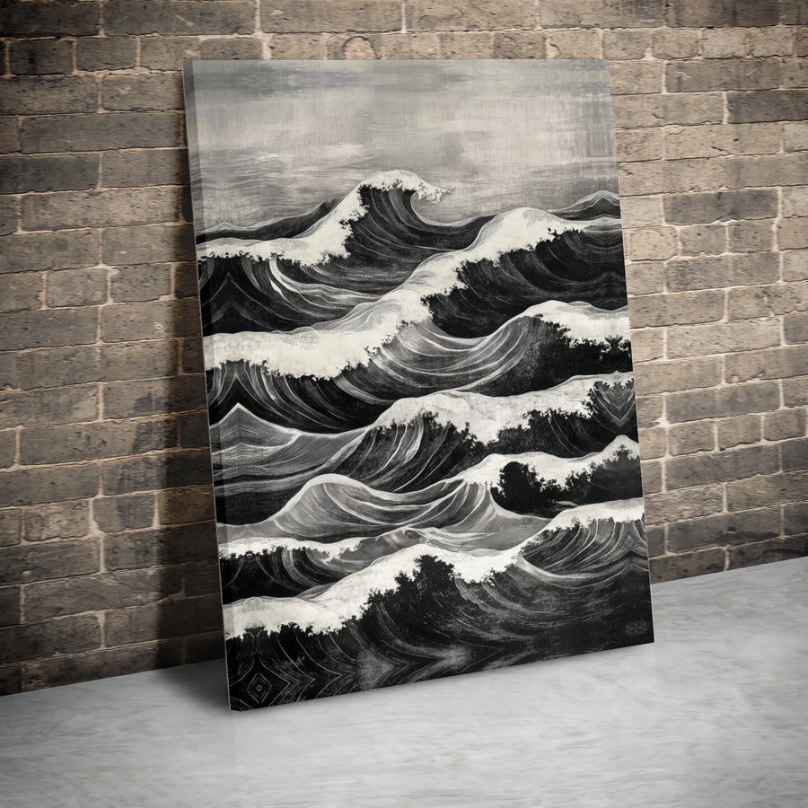 Japanese Wave Canvas Wall Art | Monochrome Ukiyo-e Style Seascape | Premium Gallery Wrapped Canvas | Minimalist Coastal Home Decor Gift