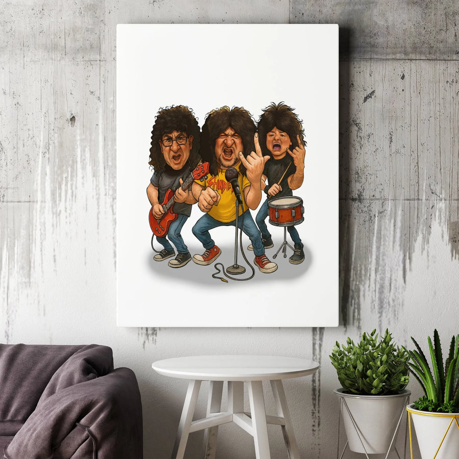 Rock Band Caricature Canvas Wall Art | Funny Music Trio Illustration | Premium 1.25-Inch Gallery Wrap | Gift for Guitarist Drummer Musician