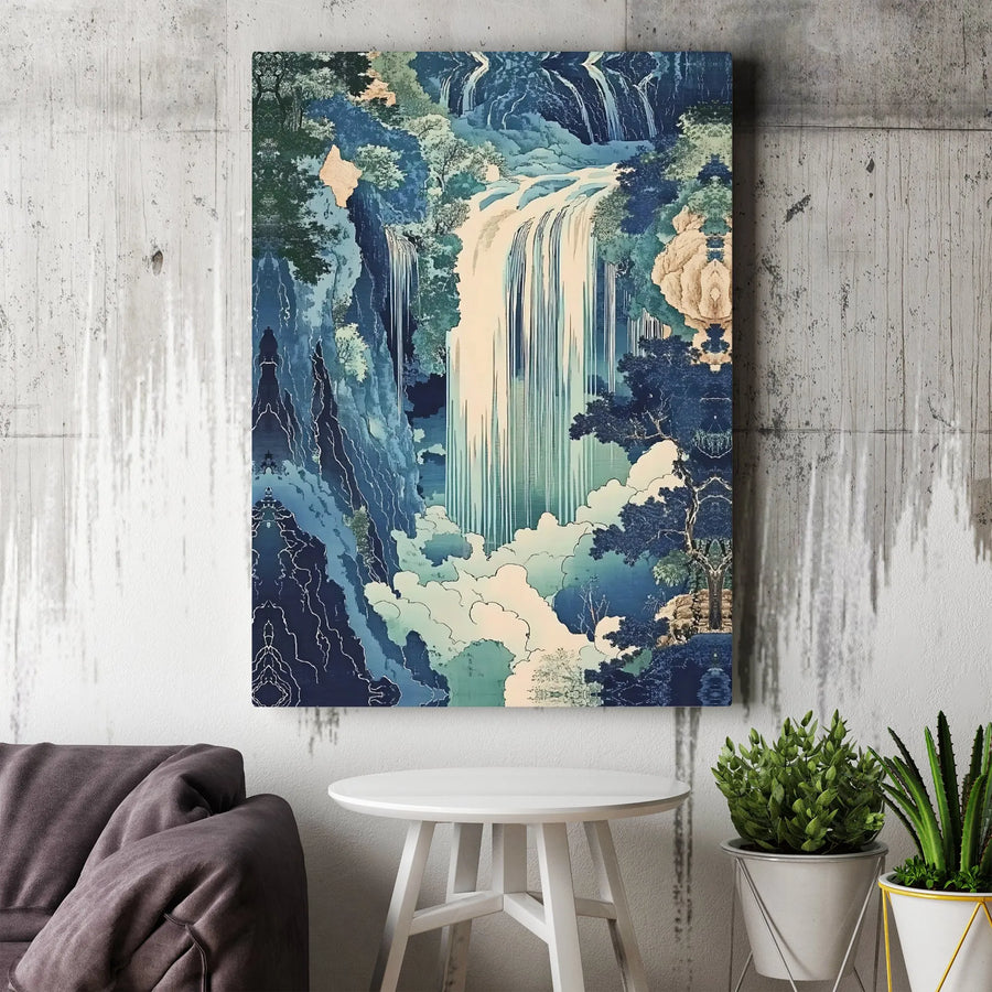 Japanese Waterfall Canvas Wall Art | Hokusai Inspired Ukiyo-e Print | Gallery Wrapped Premium Canvas | Serene Zen Home Decor Gift for Art Lovers