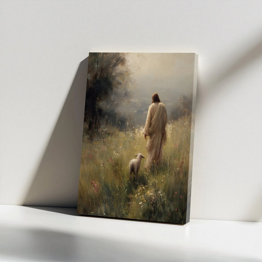 Jesus The Good Shepherd Canvas | Peaceful Lamb Field Painting | Premium Gallery Wrap Wall Art | Inspirational Religious Home Decor