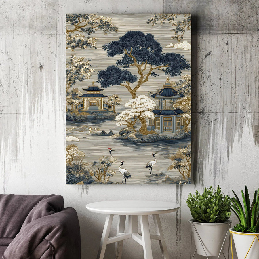 Vintage Japanese Cranes Canvas Wall Art | Chinoiserie Landscape with Pagoda | Thick Gallery Wrap Print | Zen Office & Home Decor Gift
