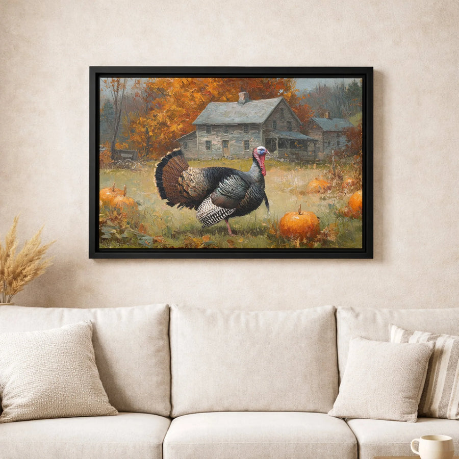 Thanksgiving Farmhouse Canvas Wall Art | Rustic Turkey and Pumpkin Oil Painting | Premium Gallery-Wrapped Print | Fall Home Decor Gift