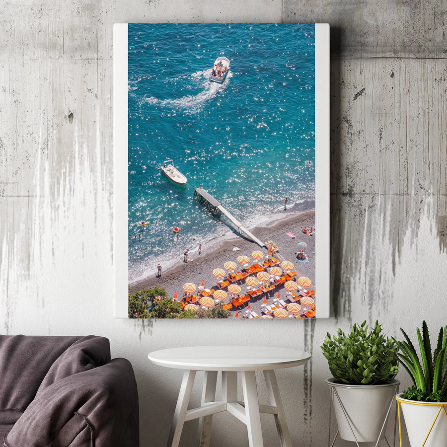 Positano Beach Vertical Canvas | Aerial Italian Coast Photography | Premium Thick Gallery Canvas | Modern Coastal Home Decor Gift