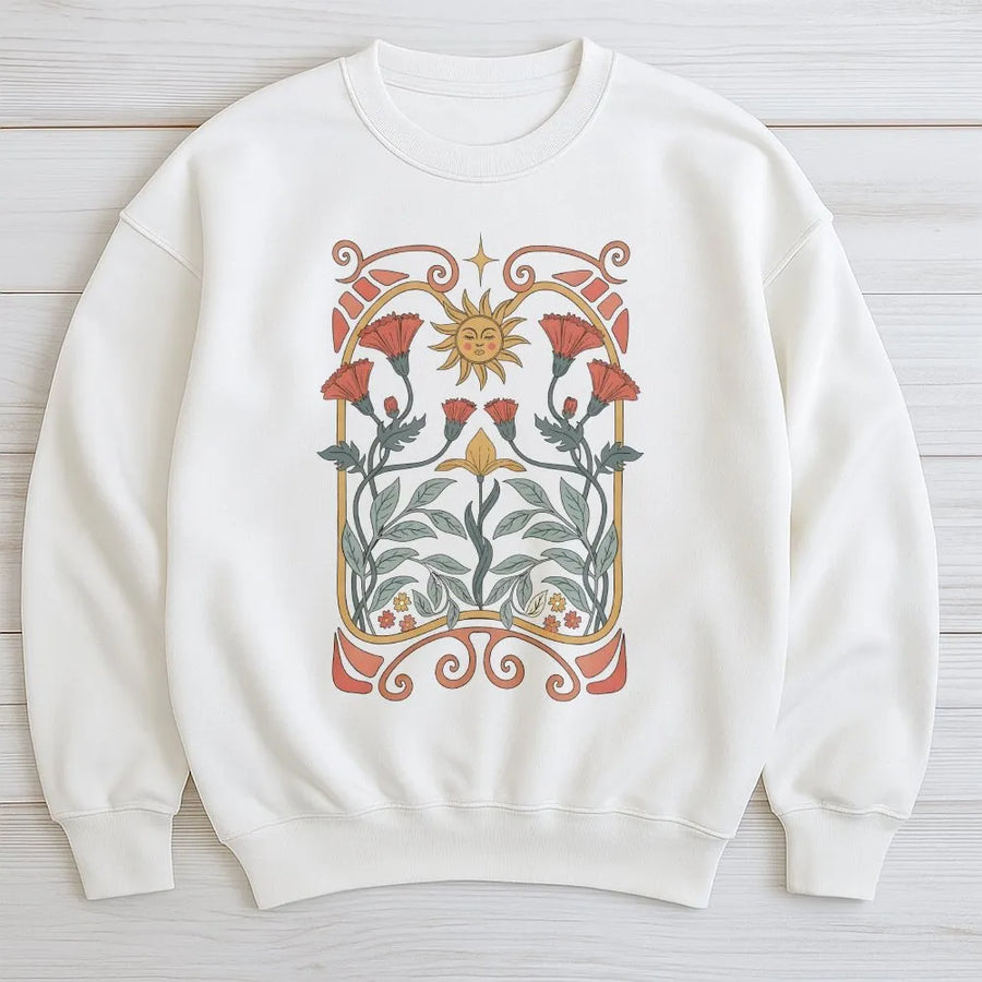 Boho Wildflower Sweatshirt | Art Nouveau Mystical Sun Graphic | Premium Cotton Blend Pullover | Cottagecore Aesthetic Gift for Her