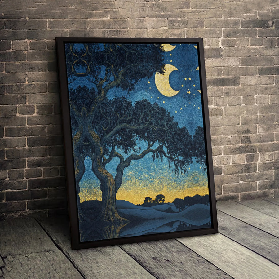Starry Night Oak Tree Canvas Print | Impressionist Moonlit Landscape Wall Art | Gallery Wrapped Premium Material | Aesthetic Home Decor Gift