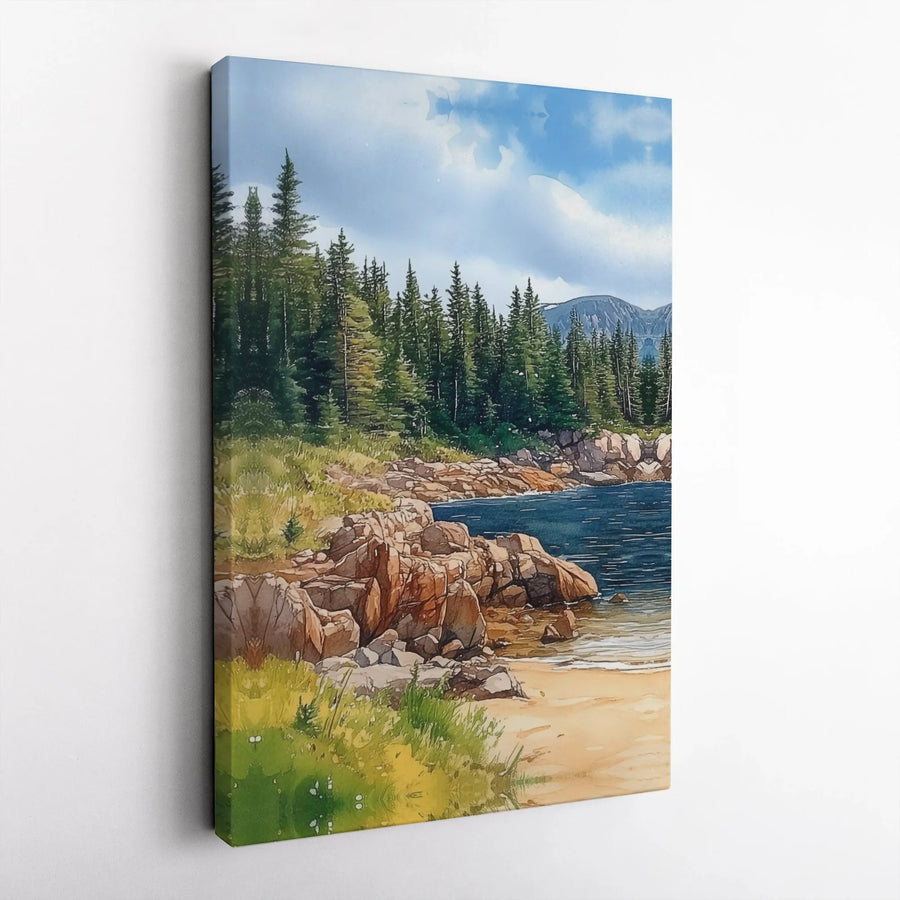 Watercolor Lake Landscape Canvas Print | Rocky Shore & Pine Tree Forest Wall Art | Premium Gallery-Wrapped Decor | Nature Lover Gift