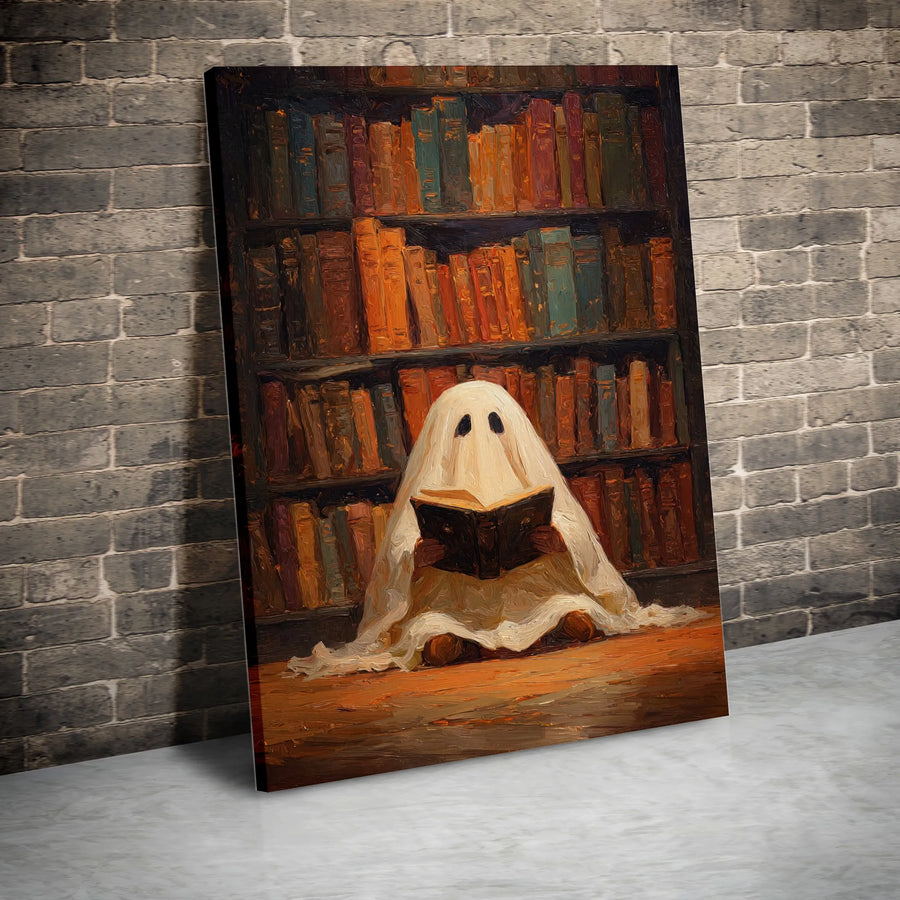 Ghost Reading Book Library Oil Painting Canvas | Dark Academia Spooky Aesthetic | Premium Fade-Resistant Wall Art | Unique Literary Gift for Book Lovers