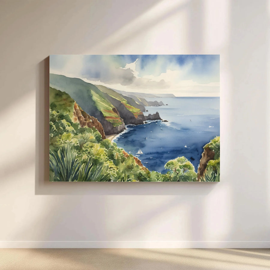Coastal Seascape Canvas Wall Art | Watercolor Cliffside Painting Print | Premium Gallery-Quality Canvas | Beach House Living Room Decor Gift