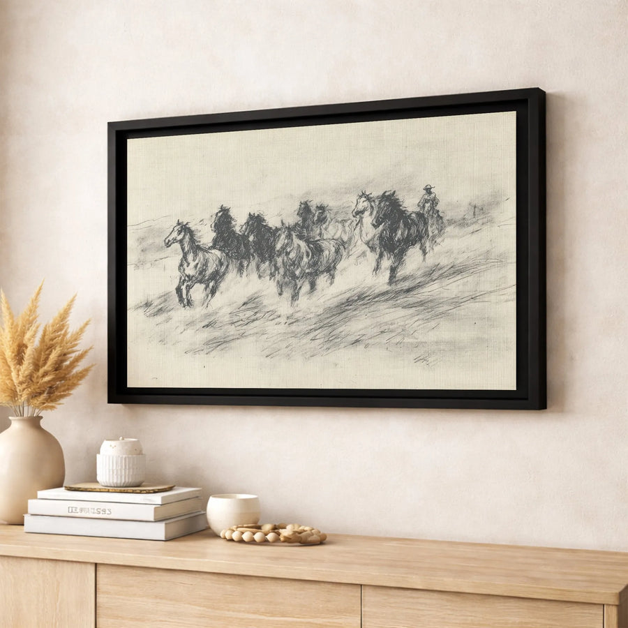 Western Running Horses Canvas Art | Cowboy Sketch Wall Decor | Gallery Quality Premium Print | Rustic Farmhouse Gift For Horse Lovers