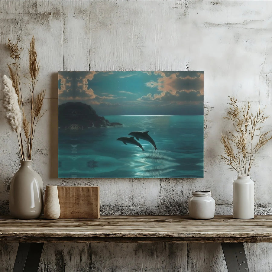 Dolphin Ocean Canvas Wall Art | Moonlight Sea Landscape Print | Gallery Quality 1.25” Thick Canvas | Coastal Home Decor Gift for Ocean Lovers