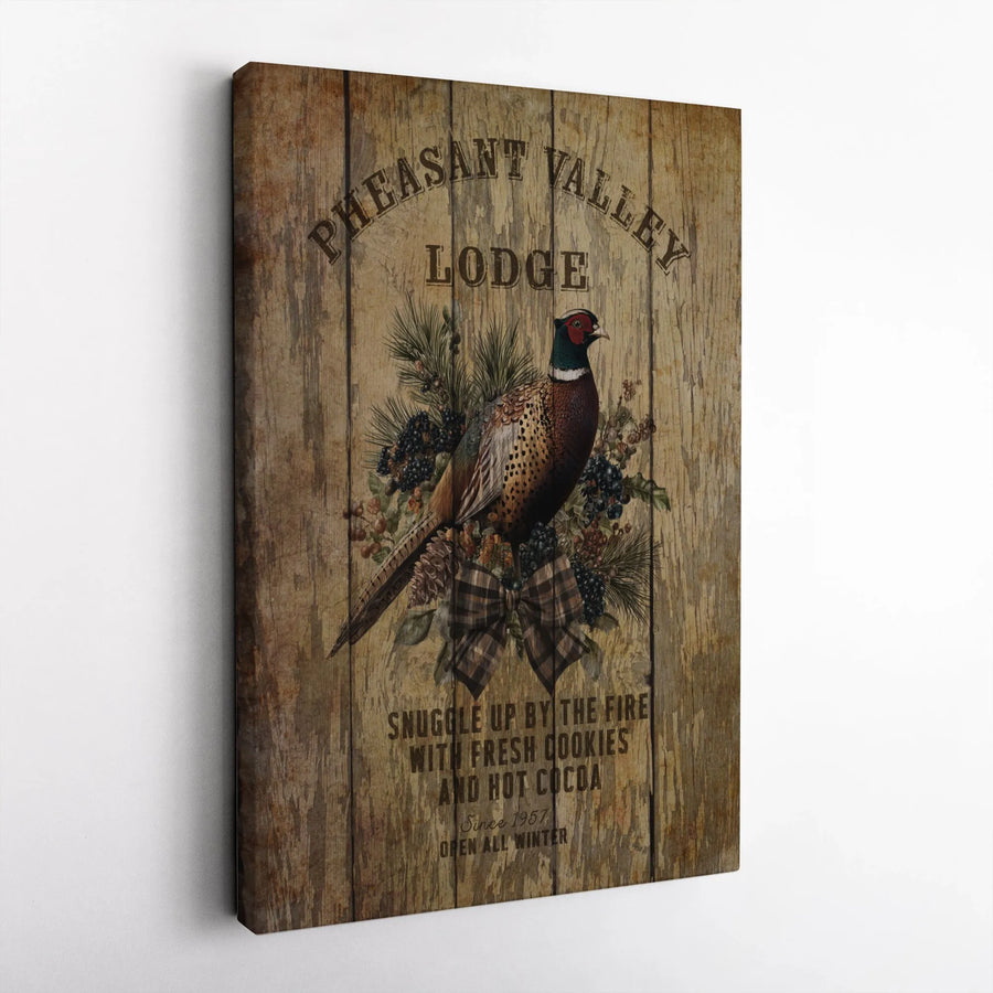 Pheasant Lodge Wall Art | Vintage Rustic Bird Cabin Decor | Gallery Wrapped Premium Canvas | Cozy Winter Mountain Home Gift