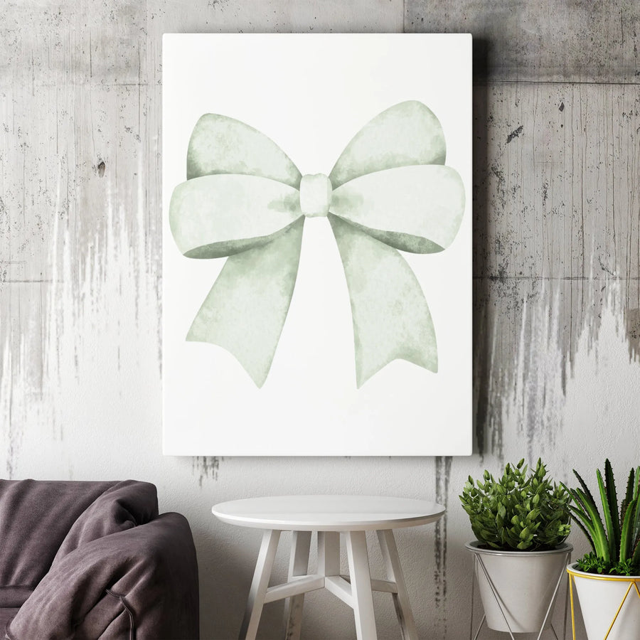 Sage Green Bow Canvas Wall Art | Minimalist Watercolor Ribbon Decor | Premium Fade-Resistant Print | Elegant Nursery and Bedroom Home Decor