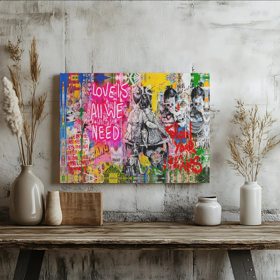 Love Is All We Need Canvas Wall Art | Vibrant Graffiti Street Art Collage | Premium 1.25 Inch Gallery Wrap | Modern Home Office Decor Gift