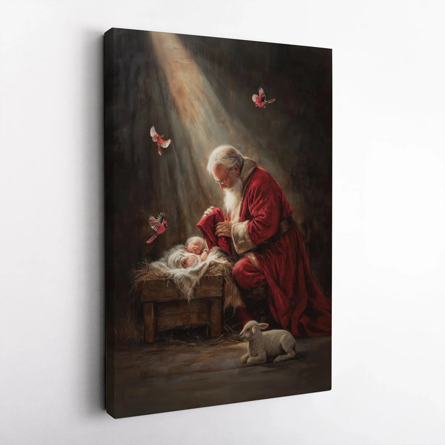 Santa Kneeling Before Baby Jesus Canvas | Religious Christmas Wall Art | Gallery-Quality Fade-Resistant Print | Holiday Home Decor Gift