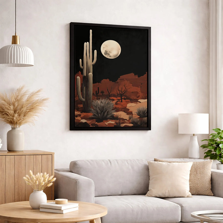 Desert Night Landscape Canvas Art | Saguaro Cactus Full Moon Wall Decor | 1.25-Inch Premium Gallery Profile | Southwest Modern Home Office Gift