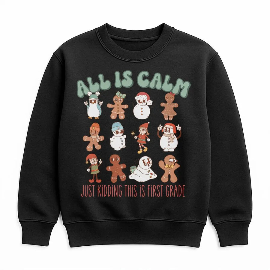 First Grade Teacher Sweatshirt | Retro Christmas Gingerbead Design | Cozy Cotton Blend Crewneck | Holiday School Staff Gift Idea