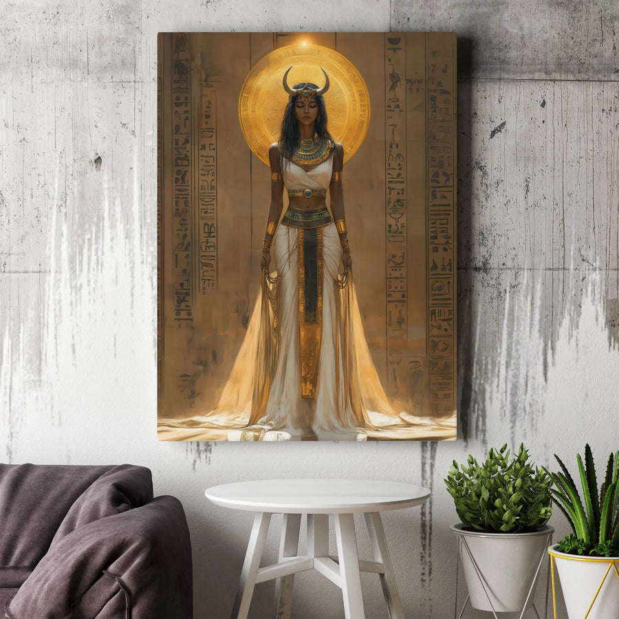 Ancient Egyptian Goddess Hathor Canvas Wall Art | Golden Sun Disk & Hieroglyphics Print | Premium Gallery-Wrapped 1.25" Profile | Elegant Mythology Home Decor Gift