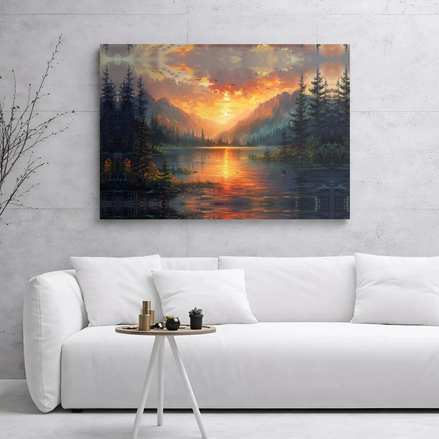 Mountain Lake Sunset Canvas Wall Art | Golden Hour Forest Landscape Print | 1.25-Inch Gallery Wrap | Premium Nature Decor for Living Room