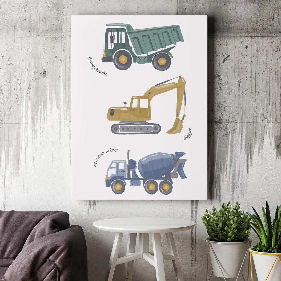 Construction Trucks Canvas Print | Watercolor Digger, Dump Truck & Cement Mixer | Premium Gallery Wrapped Canvas | Nursery & Kids Room Decor Gift