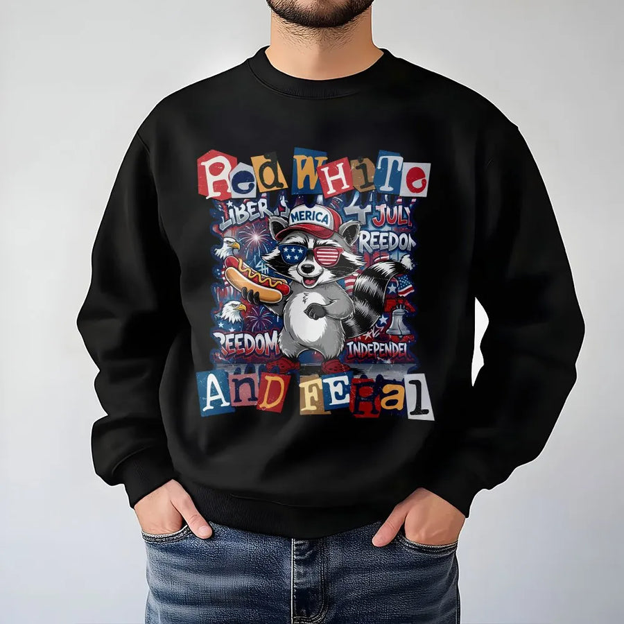 Red White and Feral Sweatshirt | Funny Patriotic Raccoon Graphic | Soft Cotton-Blend Pullover | 4th of July Independence Day Gift