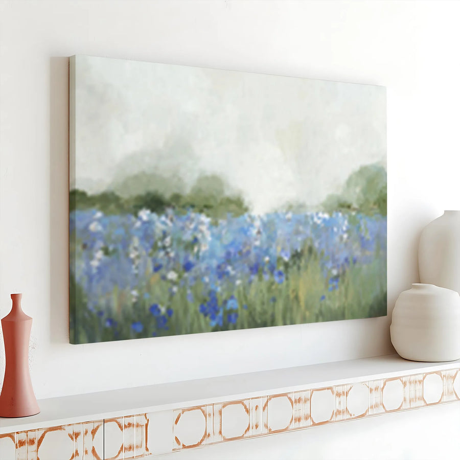 Wildflower Field Canvas Wall Art | Impressionist Blue Floral Painting in Sage Green | Premium Canvas Print | Modern Farmhouse Living Room Decor Gift