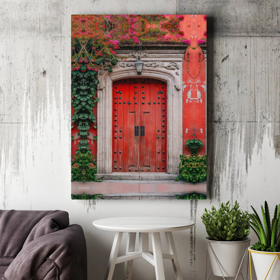 Red Door Canvas Wall Art | Mediterranean Architecture Print with Pink Bougainvillea | Premium 1.25 inch Gallery Wrap | European Home Decor