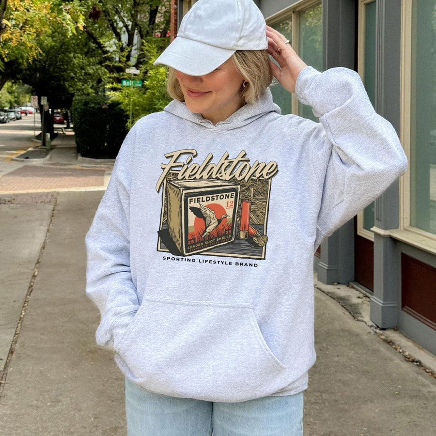 Fieldstone Ammo Box Hoodie | Vintage Duck Hunting Graphic Print | Premium Cotton Blend | Gift For Hunters And Outdoor Enthusiasts