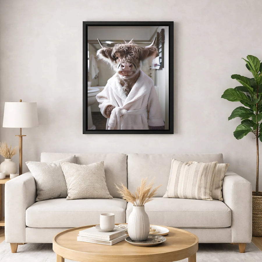 Highland Cow Canvas Wall Art | Funny Animal in Bathrobe | Gallery Quality 1.25 Inch Wrap | Bathroom Decor Print Gift for Farmhouse Lovers