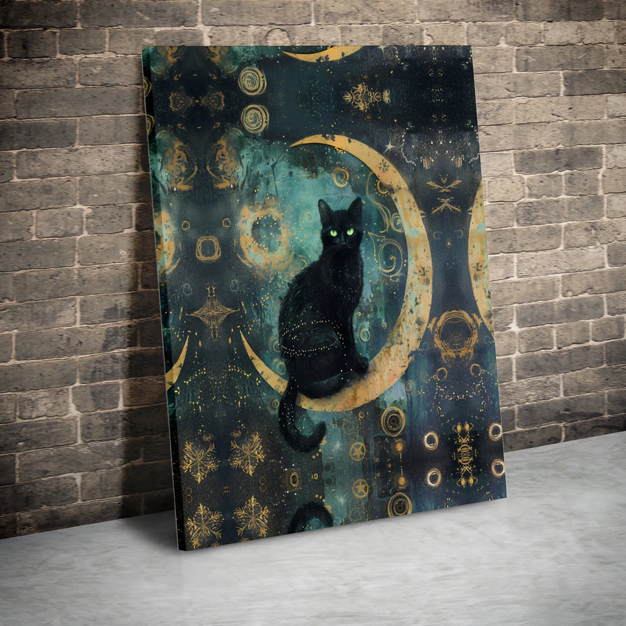 Black Cat Wall Art | Celestial Crescent Moon Design | Premium Gallery Canvas | Witchy Decor Gift for Cat Lovers