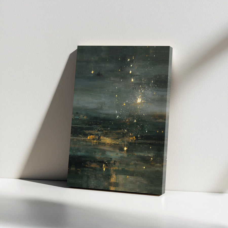 Abstract Night Sky Canvas Print | Moody City Lights Seascape Painting | Premium Gallery Wrapped Canvas | Modern Living Room & Office Wall Decor Gift