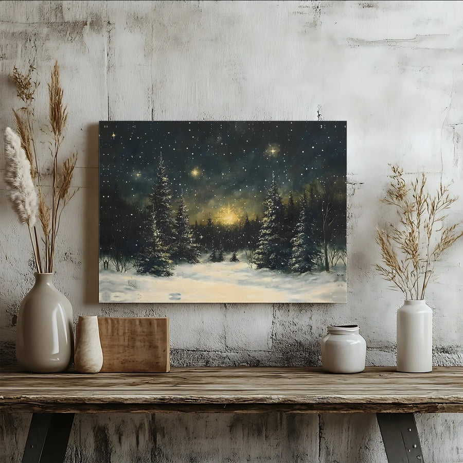 Winter Forest Canvas Wall Art | Snowy Night Landscape with Glowing Stars | 1.25-Inch Premium Gallery Wrap | Festive Holiday Home Decor