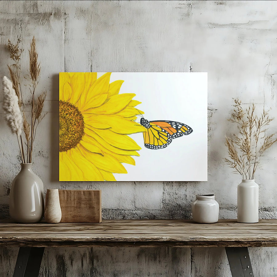 Monarch Butterfly and Sunflower Canvas Wall Art | Vibrant Botanical Illustration | Premium Gallery Wrap Print | Nature Lover Gift for Farmhouse Decor