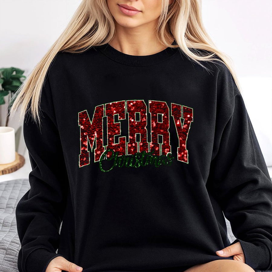 Merry Christmas Sweatshirt | Red Glitter Varsity Lettering | Cotton Poly Blend | Cozy Holiday Gift for Women and Men