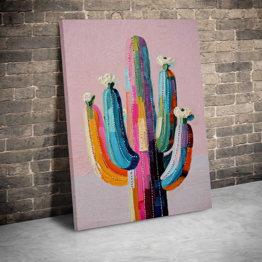 Abstract Saguaro Cactus Canvas Wall Art | Colorful Southwestern Desert Painting | Premium Gallery Wrap Print | Modern Boho Home Decor Gift