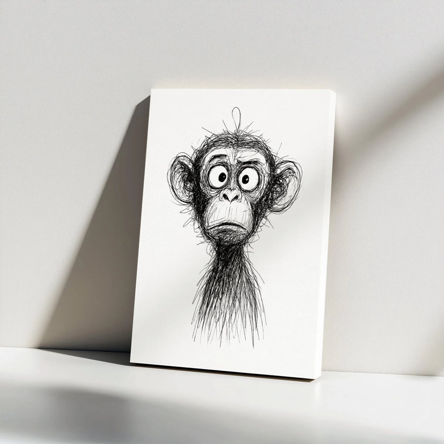 Funny Monkey Canvas Wall Art | Minimalist Scribble Line Drawing | Premium Gallery Wrap Print | Modern Home Decor Gift for Animal Lovers